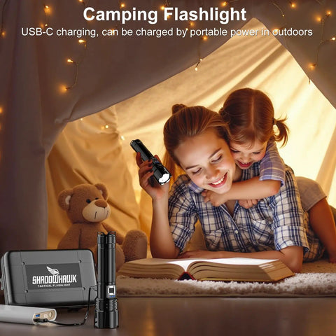 Mother and child using Beast Bright 10000 Lumen Flashlight Rechargeable 30W USB-C handheld LED light in a tent at night.