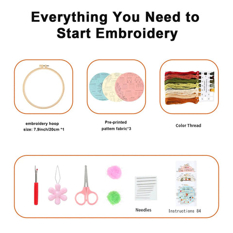 Beginner Embroidery And Cross Stitch Kit For Adults 3 Pack With Pre Printed Patterns Colorful Threads Needles 7.8 Inch Hoop