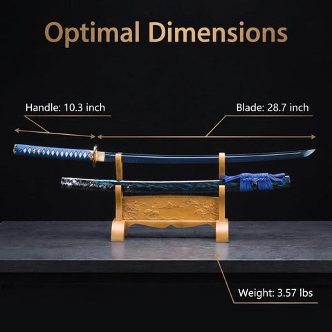 Beast Mode Spring Steel Katana Hand Forged Plum Blossom Samurai Sword displayed with dimensions on stand