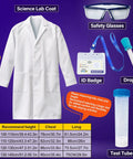 Kids Lab Coat Doctor Scientist Costume With Safety Glasses, ID Card And Test Tube Accessories For Pretend Play, size chart visible.