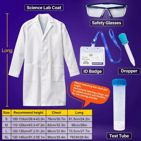 Kids Lab Coat Doctor Scientist Costume With Safety Glasses, ID Card And Test Tube Accessories For Pretend Play, size chart visible.
