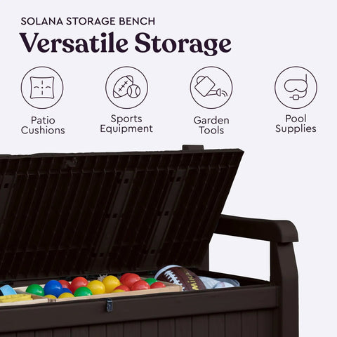 Open Solana 70 Gallon Storage Bench Deck Box showing colorful balls and sports equipment inside