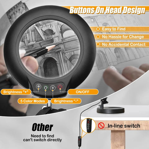 12X Real Glass Magnifying Glass With Light And Stand, showing hands using magnifier with control buttons and desk clamp