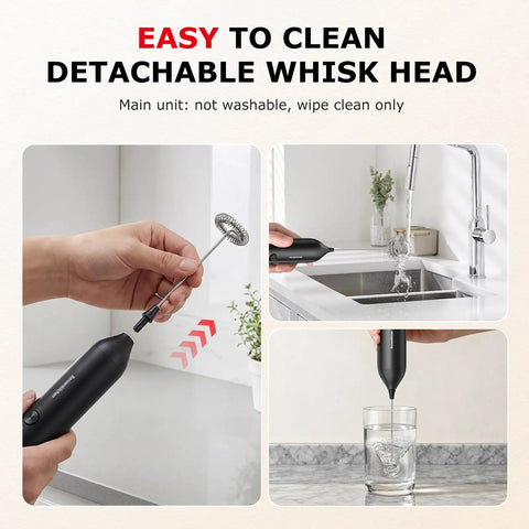 Rechargeable Handheld Milk Frother With USB C Charging, Cordless Electric Foam Maker And Stainless Steel Whisk being cleaned