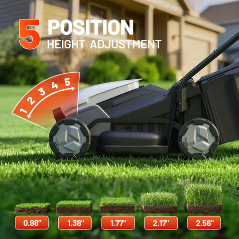 Close-up of cordless electric lawn mower with brushless motor, showing adjustable cutting height from 1 to 2.5 inches.