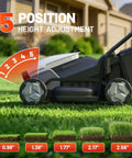 Cordless 14 Inch Lawn Mower With Brushless Motor, 2x5Ah Battery And Fast Charger, Lightweight Yard And Garden Tool For Small To Mid Sized Yards, 5 Height Adjustments, No Gas Or Cords, No Fuss Easy Start, Great For Quick Mows showing 5 height settings