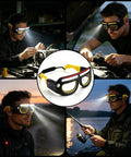 Rugged Job Site Ready Hands Free Glow Up Led Safety Glasses With Five Bright Adjustment Light Modes For Mechanics Weekend Warriors And Night Shift Work No Fuss Illumination Gear You Can Trust used by a mechanic and outdoorsman in various tasks.