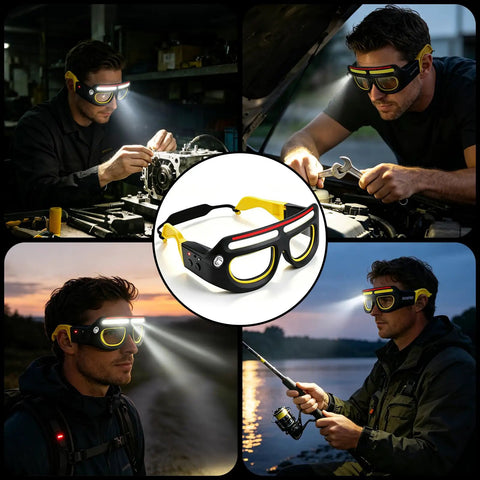 Rugged Job Site Ready Hands Free Glow Up Led Safety Glasses With Five Bright Adjustment Light Modes For Mechanics Weekend Warriors And Night Shift Work No Fuss Illumination Gear You Can Trust used by a mechanic and outdoorsman in various tasks.