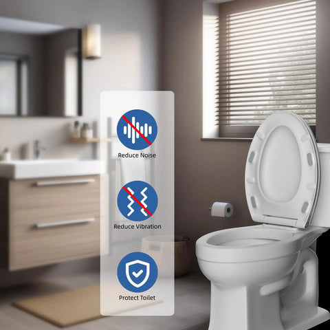 Universal Toilet Seat Bumpers With Dual Height TPE Pads 10 Pack on white toilet, highlighting noise reduction, vibration control, and protection.