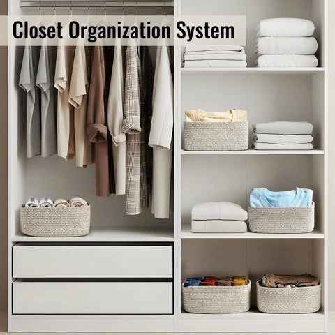 Set Of 8 Small Woven Storage Baskets For Easy Home Organization In Bathroom Closet And Shelves Rope Bin Cubes in closet system.