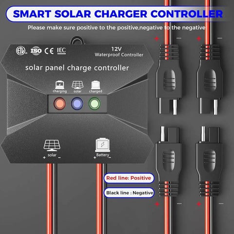 10 Amp MPPT Solar Charge Controller For 12V Systems IP68 Waterproof With LCD Display Perfect For Gel AGM Lead Acid And LiFePO4 Batteries Great For RVs Or Rigs Boats Campers Vans Trucks Trailers Panels Up To 130W shown with connectors