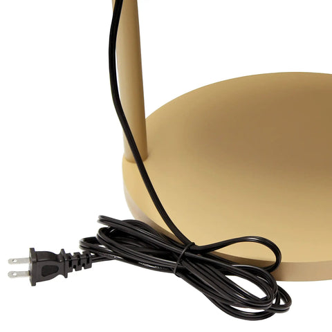 Close-up of the base and power cord for 62.5 Inch Round Modern Shelf Etagere Floor Lamp With USB Ports And Outlet Linen Shade In Soft Light Pink Finish.