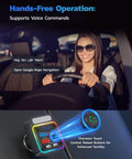 Woman driving showing 54W Four Port Car Charger With PD36W And QC3 18W Fast Charging Wireless FM Transmitter with voice commands