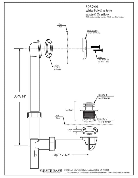 Diagram of Polished Chrome Tubular Bath Waste And Overflow Assembly with White Slip-Joint Tubes, ADA Approved, size dimensions shown.