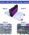 Purple 50-Compartment Double-Sided Tools Organizer Box With Removable Dividers for small parts, open view of both sides.