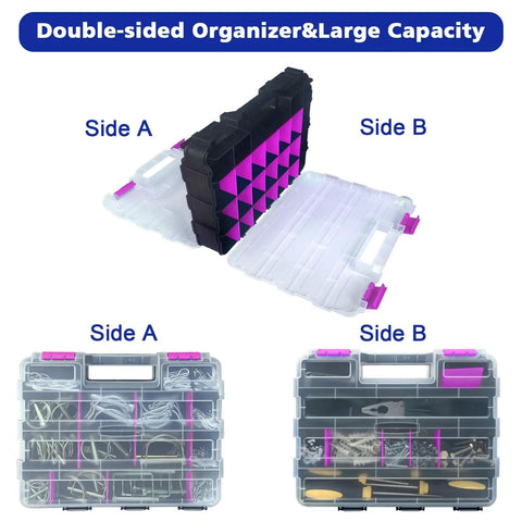Purple 50-Compartment Double-Sided Tools Organizer Box With Removable Dividers for small parts, open view of both sides.
