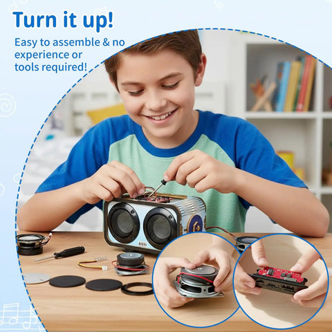 Child assembling Bluetooth Speaker Kit For Beginners Build Your Own Dual Speaker With RGB Music Sync Lights A STEM Project