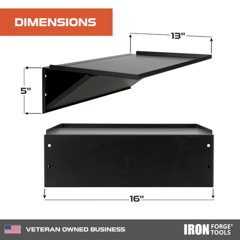 Dimensions of Universal Tool Box Side Shelf Tray, 16x12 Inch Folding Accessory for Tool Carts, Workbenches, Vans and Vehicles.