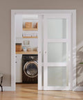 Front view of Double Frosted Glass Sliding Barn Door Kit For Closets, 72 By 80 Inches, Includes Hardware, white MDF, 3-panel privacy glass.