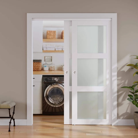 Front view of Double Frosted Glass Sliding Barn Door Kit For Closets, 72 By 80 Inches, Includes Hardware, white MDF, 3-panel privacy glass.