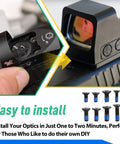 Close-up of 32 Pcs RMR Red Dot Screw Pack for Optics Ready Pistols and RMR Mounts with installation scene