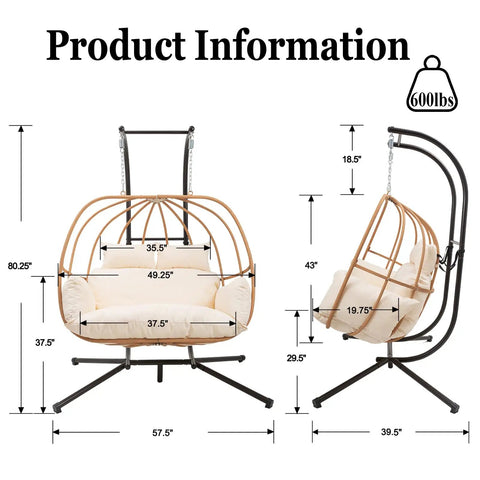 Dimensions and weight capacity of Oversized Two Person Egg Swing Chair With Stand Cozy Cushions Beige Outdoor Indoor Swing Chair.