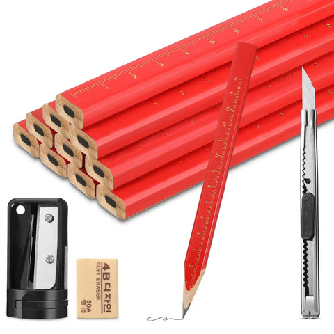10 Piece Carpenter Pencil Set With 7 Inch Flat Octagonal Black Pencils Heavy Duty Woodworking Tools Includes Sharpener Eraser And Utility Knife Pro Grade Marking Kit For Contractors Carpenters And DIY Projects
