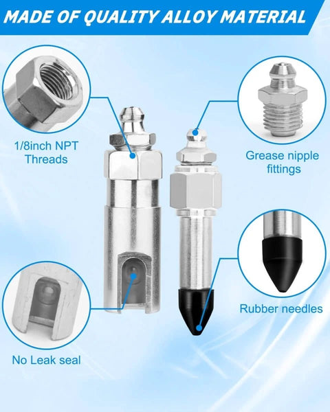 Nine Piece Grease Gun Needle Nozzle Kit With Slotted Fittings, Rubber Nipples And Stainless Steel Injector Needles