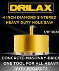 Front view of Drilax 4 Inch Masonry Hole Saw with Heavy Duty Dry Core Diamond Bit and Precision Locator Guide for concrete and brick.
