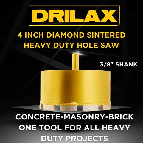 Front view of Drilax 4 Inch Masonry Hole Saw with Heavy Duty Dry Core Diamond Bit and Precision Locator Guide for concrete and brick.