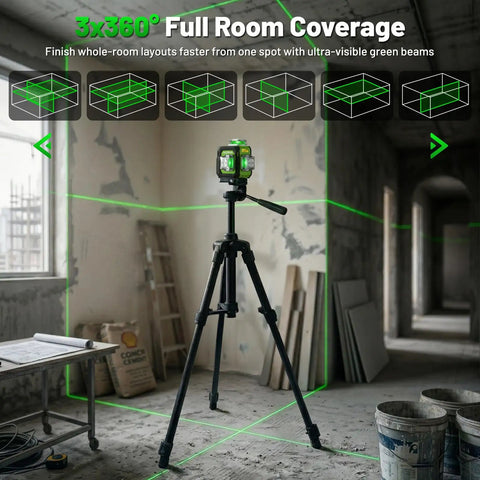 3D Laser Level With 360 Degree Green Laser, Self Leveling ST03CG, Kicks Out 3x360 Degree Coverage For A Full Room Layout On Floors, Walls, And Ceilings, Fast Line Switching, Dead-On Vertical And Horizontal Alignment in room on tripod