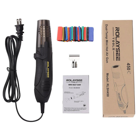 Mini Heat Gun 450W Dual Temperature 527 to 842 Degrees Fahrenheit with accessories and packaging shown included.