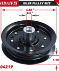 Close-up of 604219 pulley with measurements for 605512 Idler Pulley And 604219 Pulley Kit For Hustler 52 And 42 Inch Mowers.