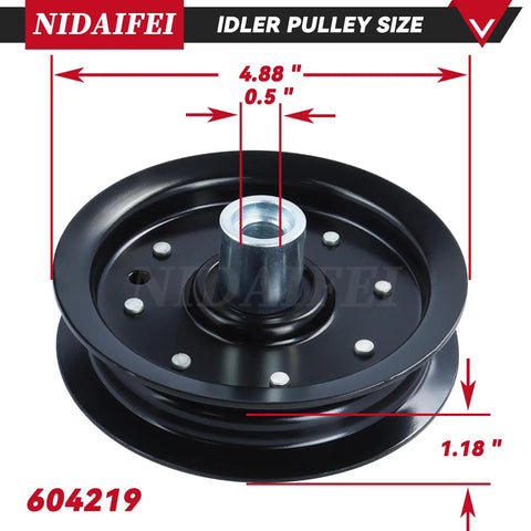 Close-up of 604219 pulley with measurements for 605512 Idler Pulley And 604219 Pulley Kit For Hustler 52 And 42 Inch Mowers.