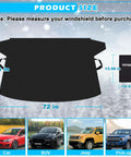 Heavy Duty Windshield Cover For Ice And Snow, shown with dimensions 72 by 49.6 inches, next to compact carrying pouch and vehicle examples.