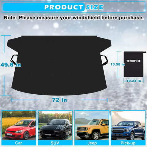 Heavy Duty Windshield Cover For Ice And Snow, shown with dimensions 72 by 49.6 inches, next to compact carrying pouch and vehicle examples.