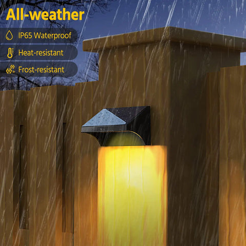 Six Pack Solar Fence Lights Waterproof LED Wall Mount in rain showing warm white glow on wooden fence.