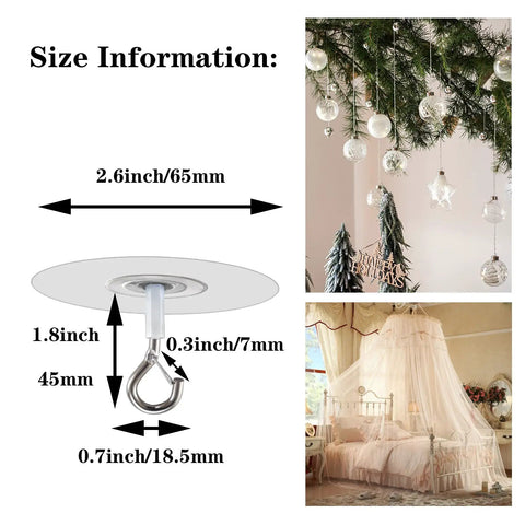 Size info of No Hole Adhesive Ceiling Hooks Set Of 10 For Hanging Lights Plants Mobiles Curtains And More Easy Renters Friendly Wall And Ceiling Hangers No Drill Required Round Design Strong Hold