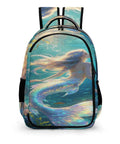 Front view of Iridescent Mermaid Print Backpack for Adults and Teens, Unisex, with chromatic mermaid design and black side straps.