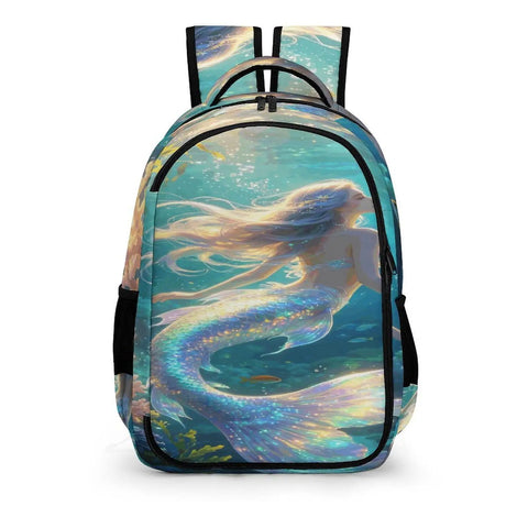 Front view of Iridescent Mermaid Print Backpack for Adults and Teens, Unisex, with chromatic mermaid design and black side straps.