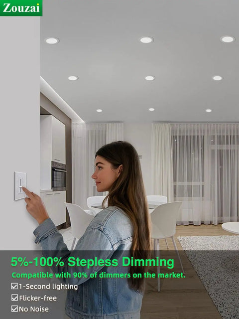 Woman adjusting dimmer switch for 24 Pack Of 4 Inch Led Recessed Ceiling Lights With 5Cct Dimmable Controls And Easy Color Adjustment.