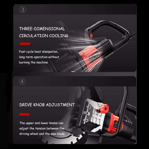 Badass 8900W Brushless Electric Wall Saw With Diamond Blade And Auto Water Cooling For Smooth Concrete Grooving And Rapid Demolition Projects showing cooling system and drive knob adjustment.