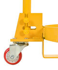 Close-up of Heavy Duty 55 Gallon Oil Drum Hand Truck Hauler Wheel, showcasing yellow steel frame and red PU wheel.