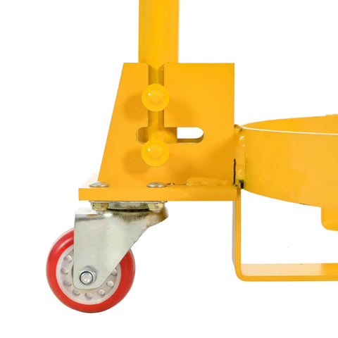 Close-up of Heavy Duty 55 Gallon Oil Drum Hand Truck Hauler Wheel, showcasing yellow steel frame and red PU wheel.