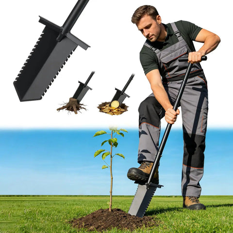 Man using 39 Inch Lightweight Metal Detecting Shovel With V Shaped Serrated Blade For Treasure Hunting And Digging in garden