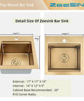 Gold Bar Sink 17 By 17 Inches, Drop In And Top Mount Bar And Prep Sink, 16 Gauge Stainless Steel, dimensions details view