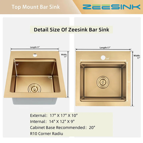 Gold Bar Sink 17 By 17 Inches, Drop In And Top Mount Bar And Prep Sink, 16 Gauge Stainless Steel, dimensions details view