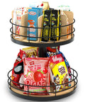 Two-Tier Lazy Susan Snack Organizer With Grab-and-Go Design, Wood And Metal Snack Holder, Easy Spin Storage for Pantry Snacks