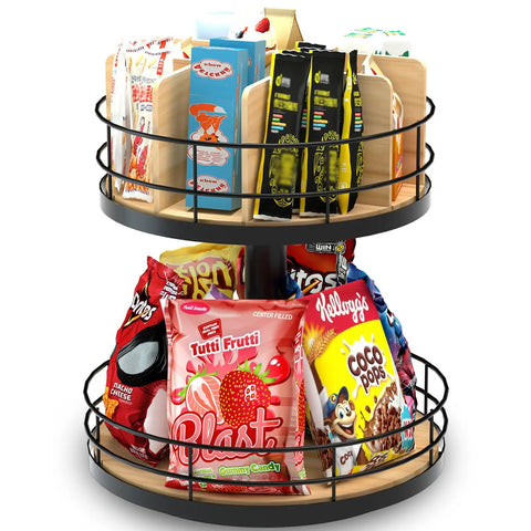 Two-Tier Lazy Susan Snack Organizer With Grab-and-Go Design, Wood And Metal Snack Holder, Easy Spin Storage for Pantry Snacks