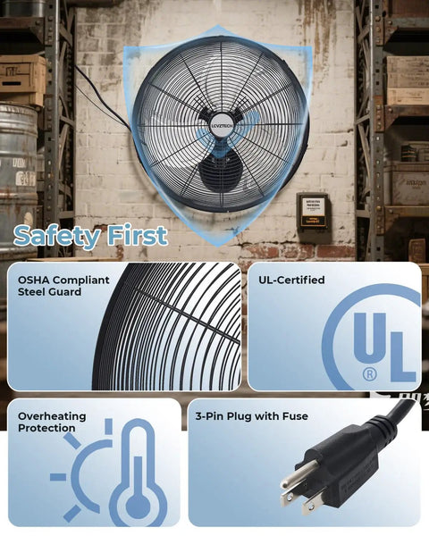 20 Inch Wall Mount Fan Oscillating With 3 Speed Settings High Velocity Industrial Air Circulator installed on a workshop wall